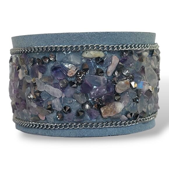 New Blue Suede Leather Tumbled Amethyst Moonstone Quartz Hematite Bracelet 7" - Picture 7 of 7
